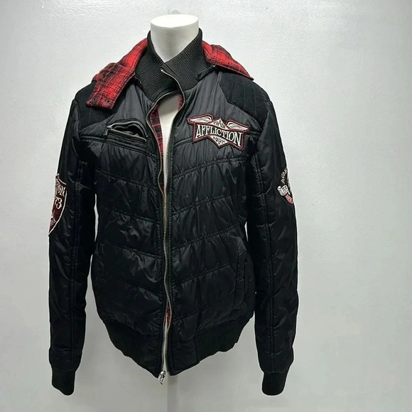 Affliction Jacket Bomber Coat Reversible Plaid American Custom Red Black Small * - Picture 1 of 13